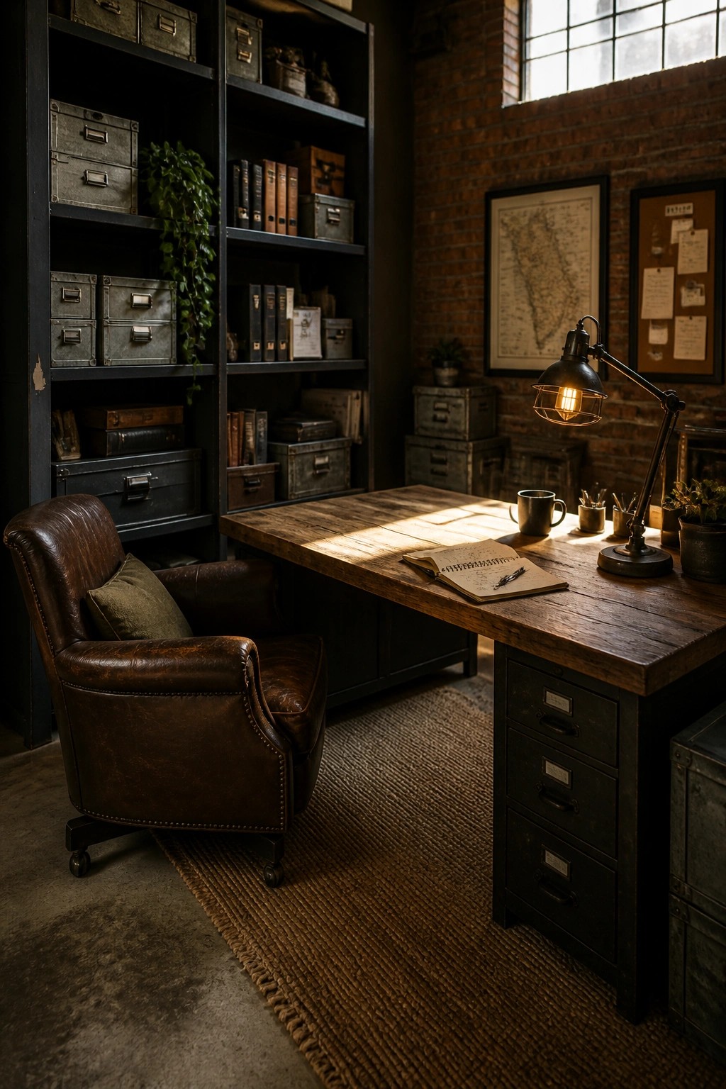 A home office with tall black shelving units filled with books and storage boxes, a wooden desk with a lit lamp and open notebook, and a brown leather armchair on a woven rug.