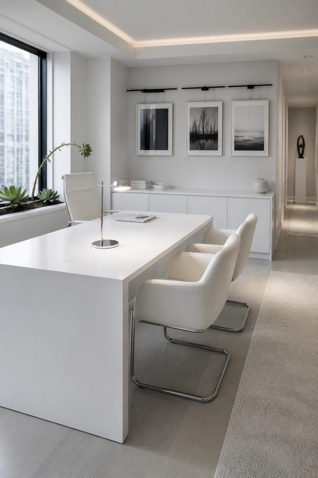 A minimalist all-white office interior featuring a large rectangular white desk, four white cantilever chairs, and three black-and-white framed photos on the wall above a white credenza.