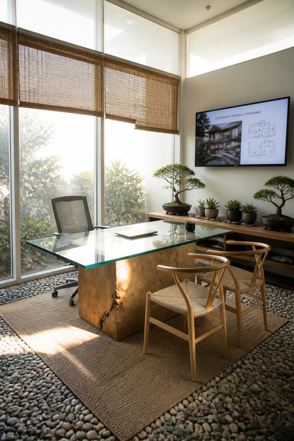 Modern office with glass-top wooden desk, two woven chairs, bonsai, and large windows.