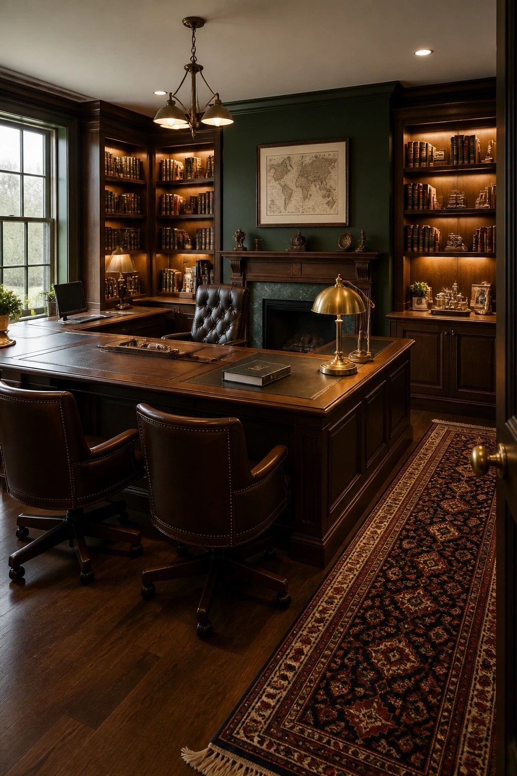 A large wooden executive desk sits in a dark green home office with built-in bookshelves, a fireplace, and leather chairs on a patterned rug.