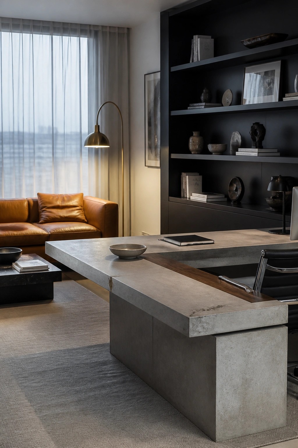 A spacious home office with a large monolithic concrete desk featuring a dark wood accent strip, set against dark built-in shelving and near a brown leather sofa.