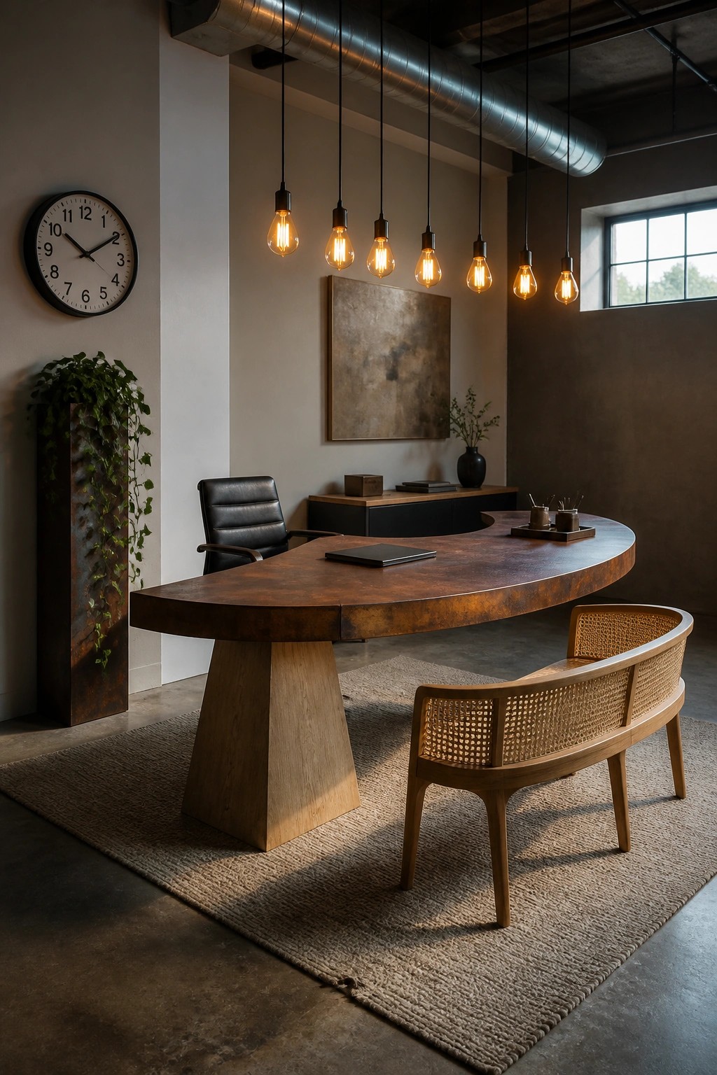 A large curved wooden desk with a solid base sits on a woven rug in a modern office, lit by multiple pendant lights.