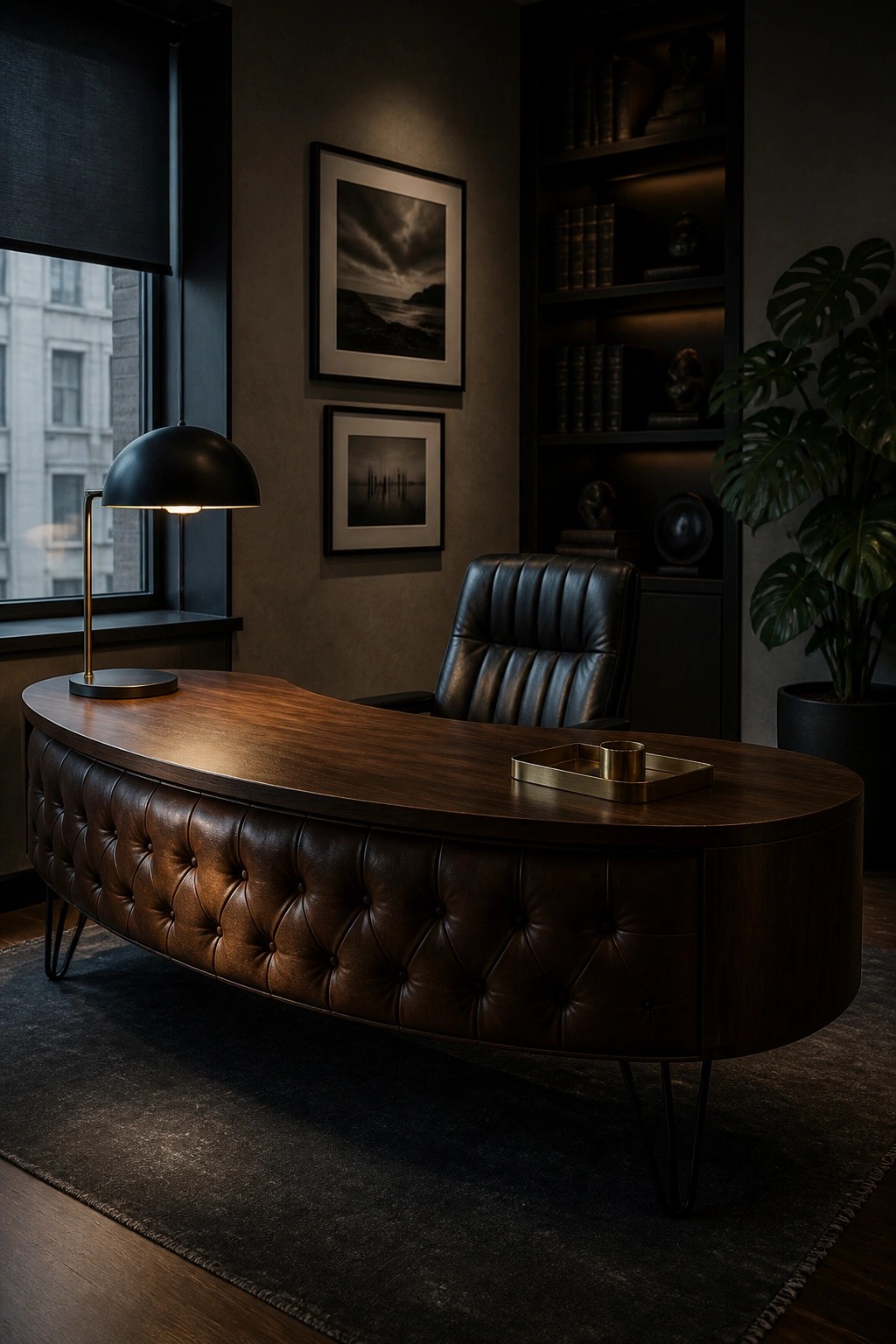 A large curved wooden desk with tufted brown leather base in a dark office setting with black leather chair and built-in shelving.