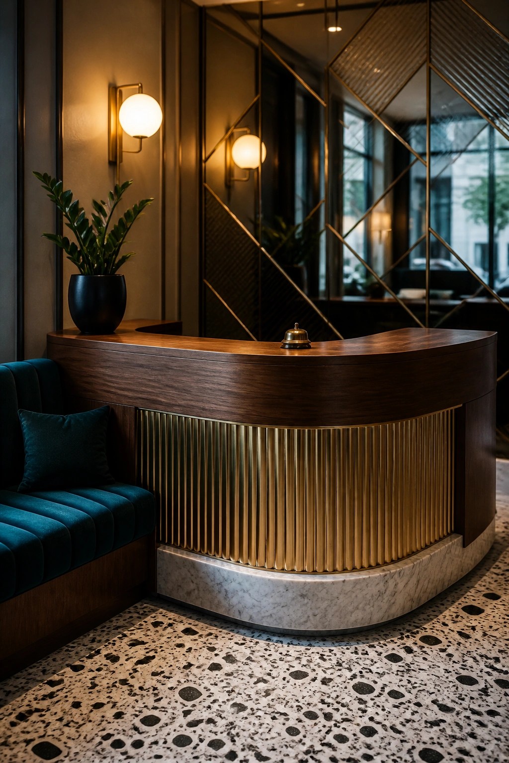 A curved wooden reception desk with a fluted brass panel and marble base in a modern interior lobby.