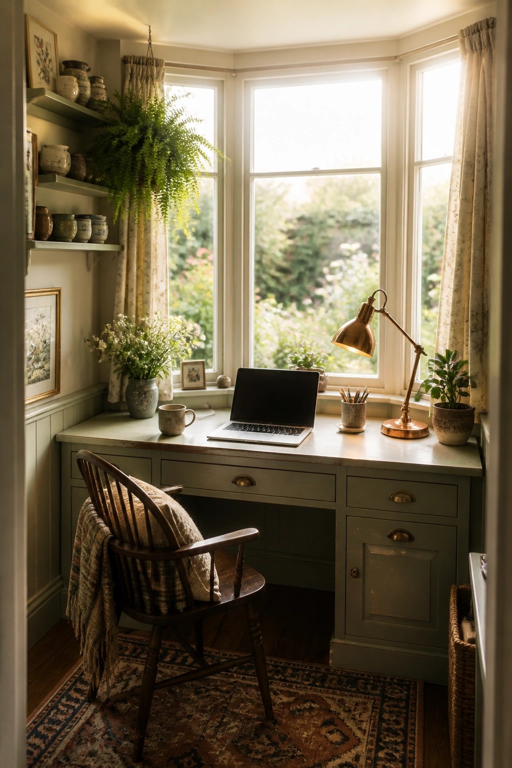 A green desk with a laptop sits in a bay window alcove, accompanied by a wooden chair, brass lamp, and nearby shelves with plants and pottery.