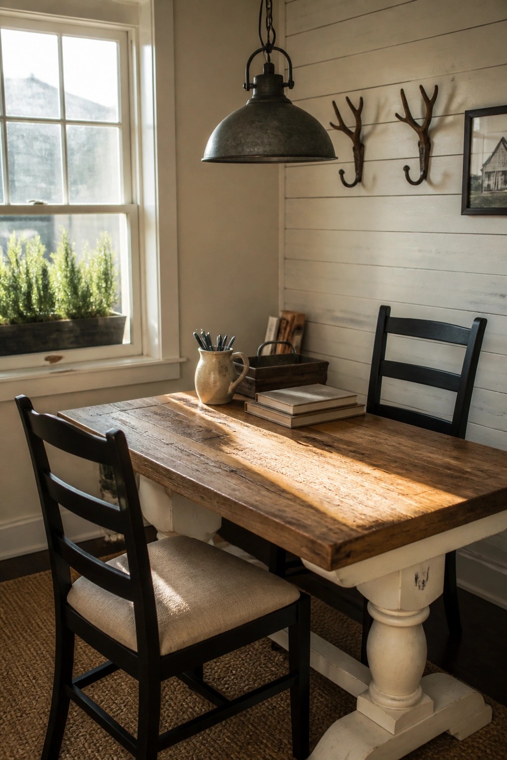 A rustic wooden table used as a desk with black chairs, books, and a metal pendant light in a room with white shiplap walls and a window.