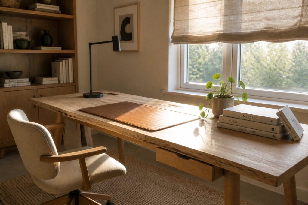 A light wood desk with a brown leather desk pad sits in front of a window, with a brown leather office chair pulled up to it and books and a plant on the desk surface.