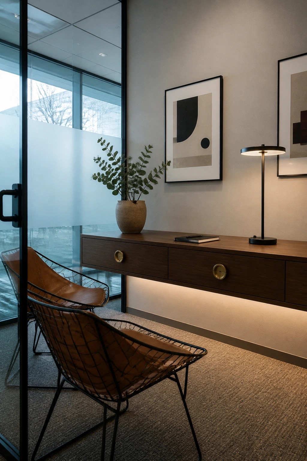 A modern office space with a wall-mounted wooden floating desk featuring under-lighting, two wire-frame leather chairs, and abstract framed artwork on the wall.