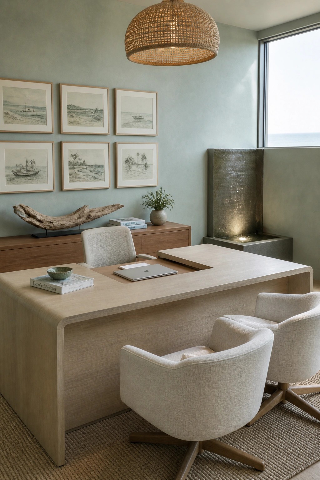 A spacious home office with a large light wood desk, two upholstered swivel chairs in front, framed sketches on a muted green wall, and a woven pendant light overhead.