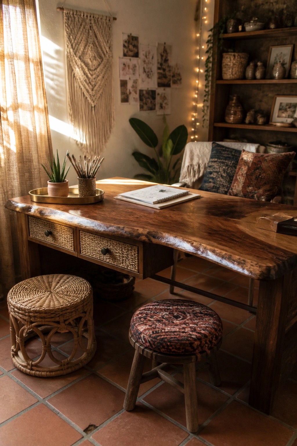 A live-edge wooden desk with two woven stools in a sunlit home office featuring macrame and wall art.