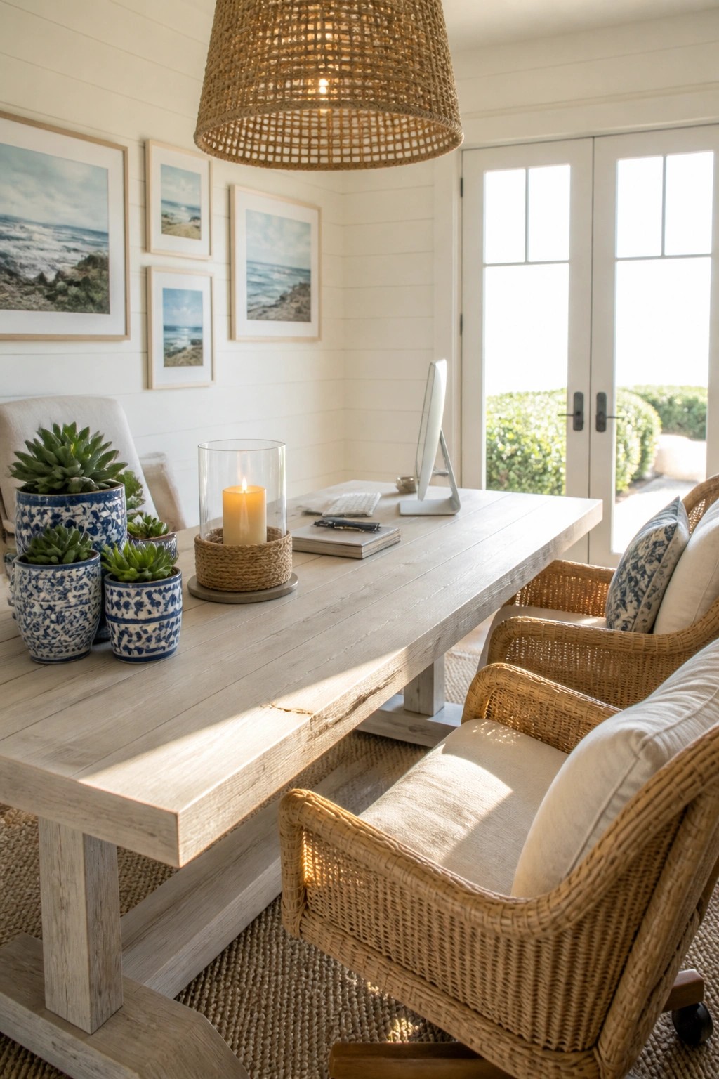 A light wood desk with woven chairs in a bright room featuring coastal artwork and potted plants.