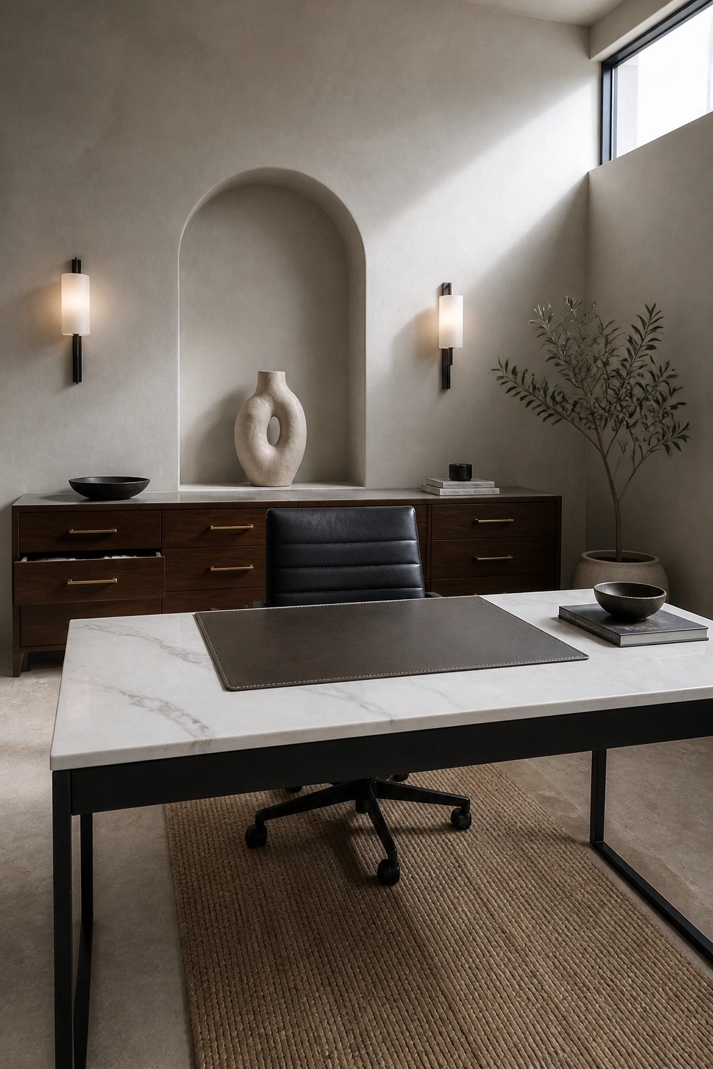 A minimalist office interior featuring a white marble desk with black metal frame, a dark leather desk pad, and a black leather office chair.