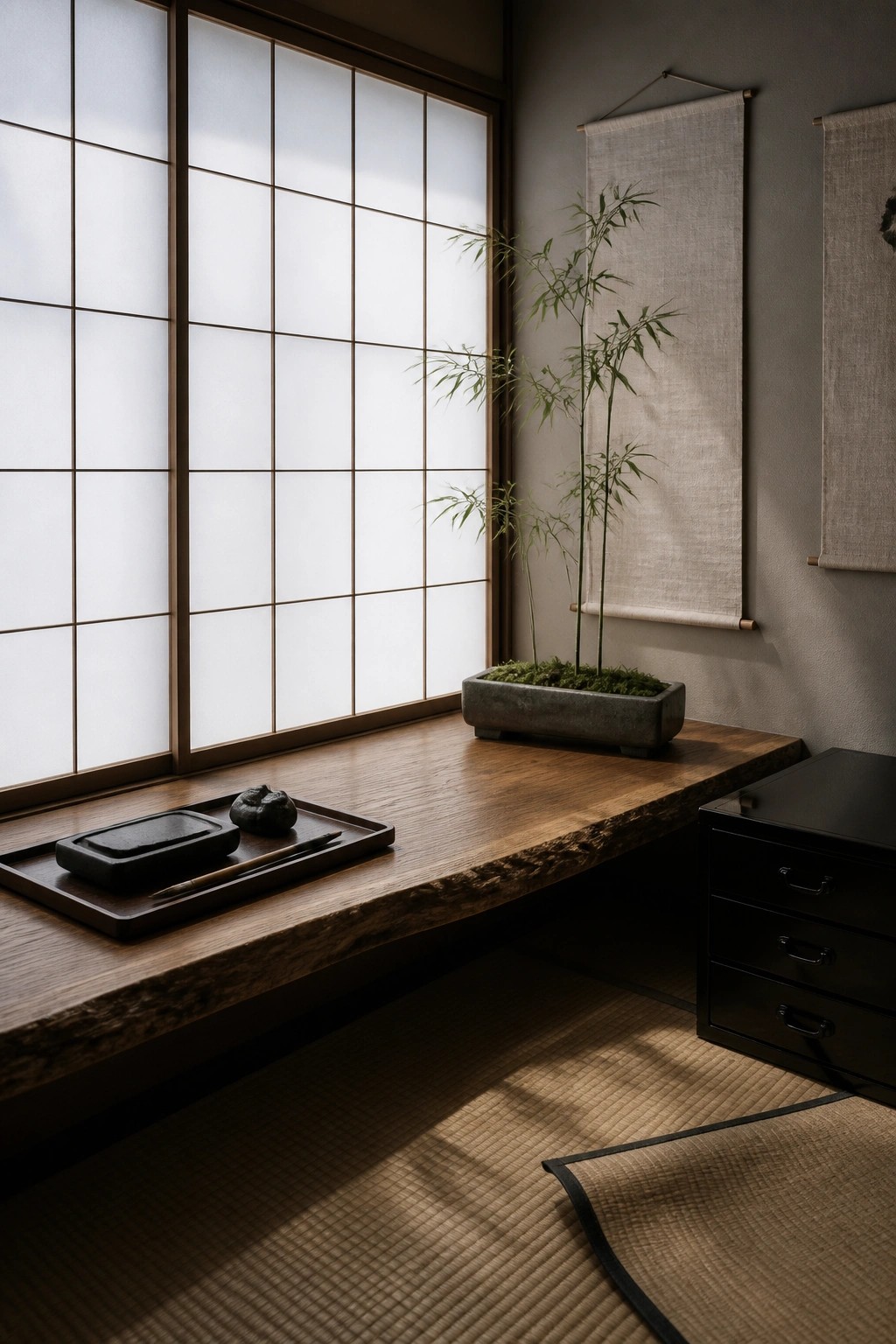 A Japanese-style interior with a long live-edge wooden desk holding calligraphy tools, shoji windows, a stone planter with bamboo, tatami mats, and a black cabinet.