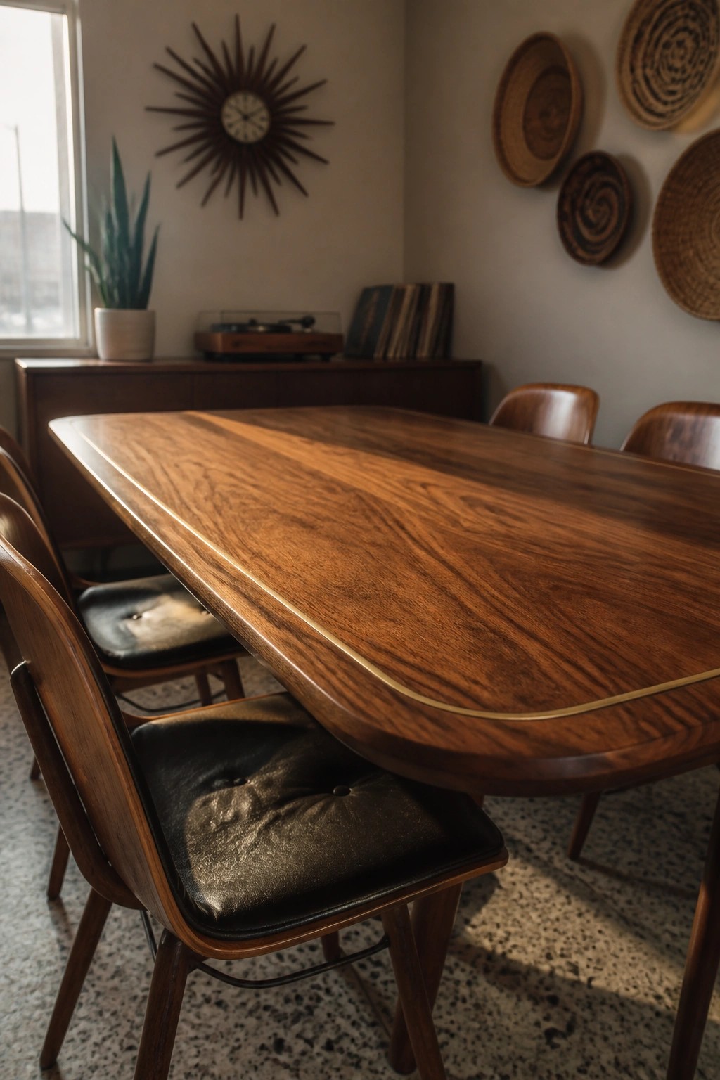 A long wooden table with prominent grain and a thin inlay edge, surrounded by mid-century wooden chairs with black leather seats, in a room with a record player on a credenza and a starburst clock on the wall.