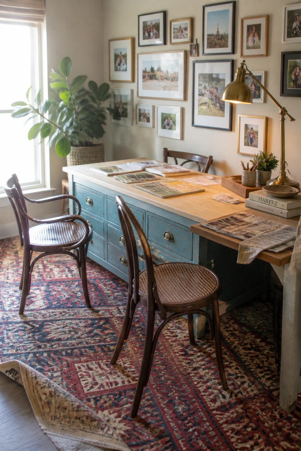 A long teal painted cabinet with a light wood top used as a desk in a home office, with wooden chairs on a patterned rug and a gallery wall above.