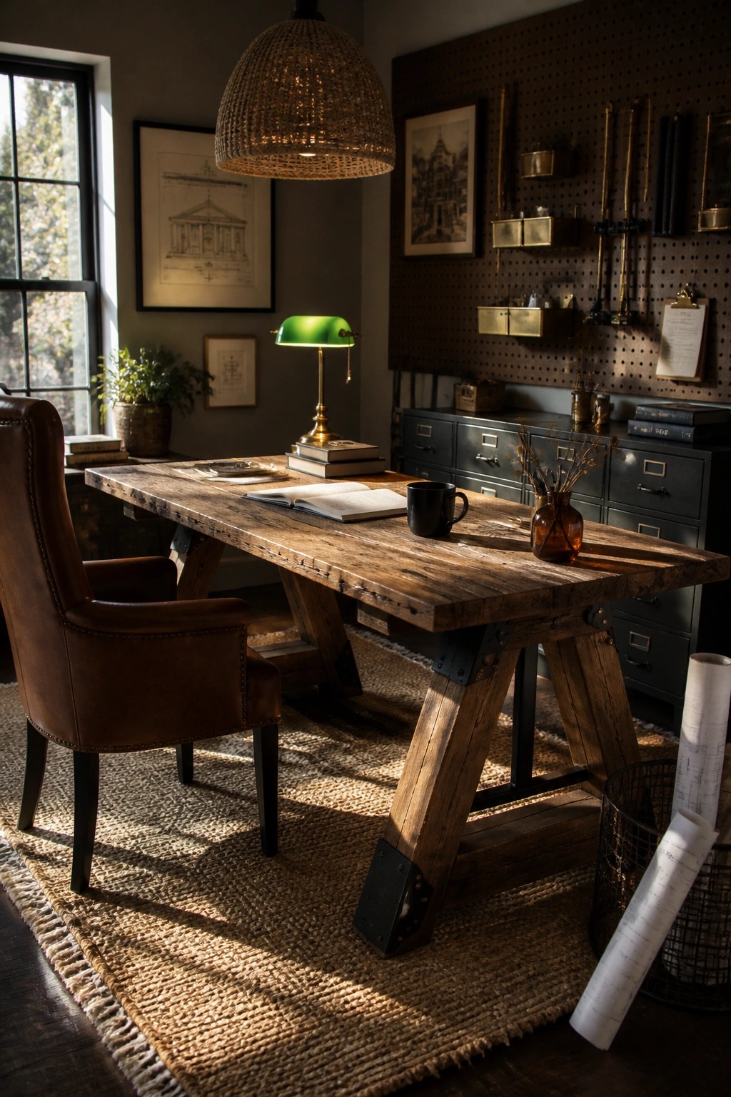 A rustic wooden desk with sawhorse legs sits in a home office with a leather chair, woven rug, green desk lamp, and a pegboard wall holding tools and supplies.