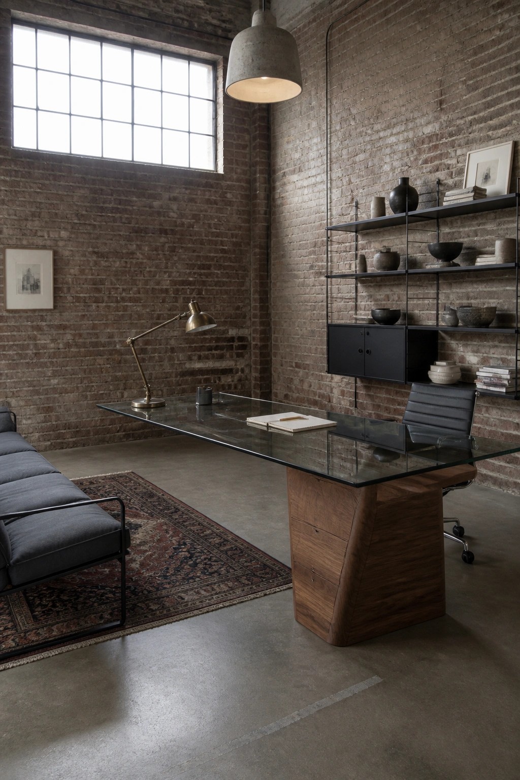Industrial loft office with glass desk, leather chair, brick walls, and pendant light