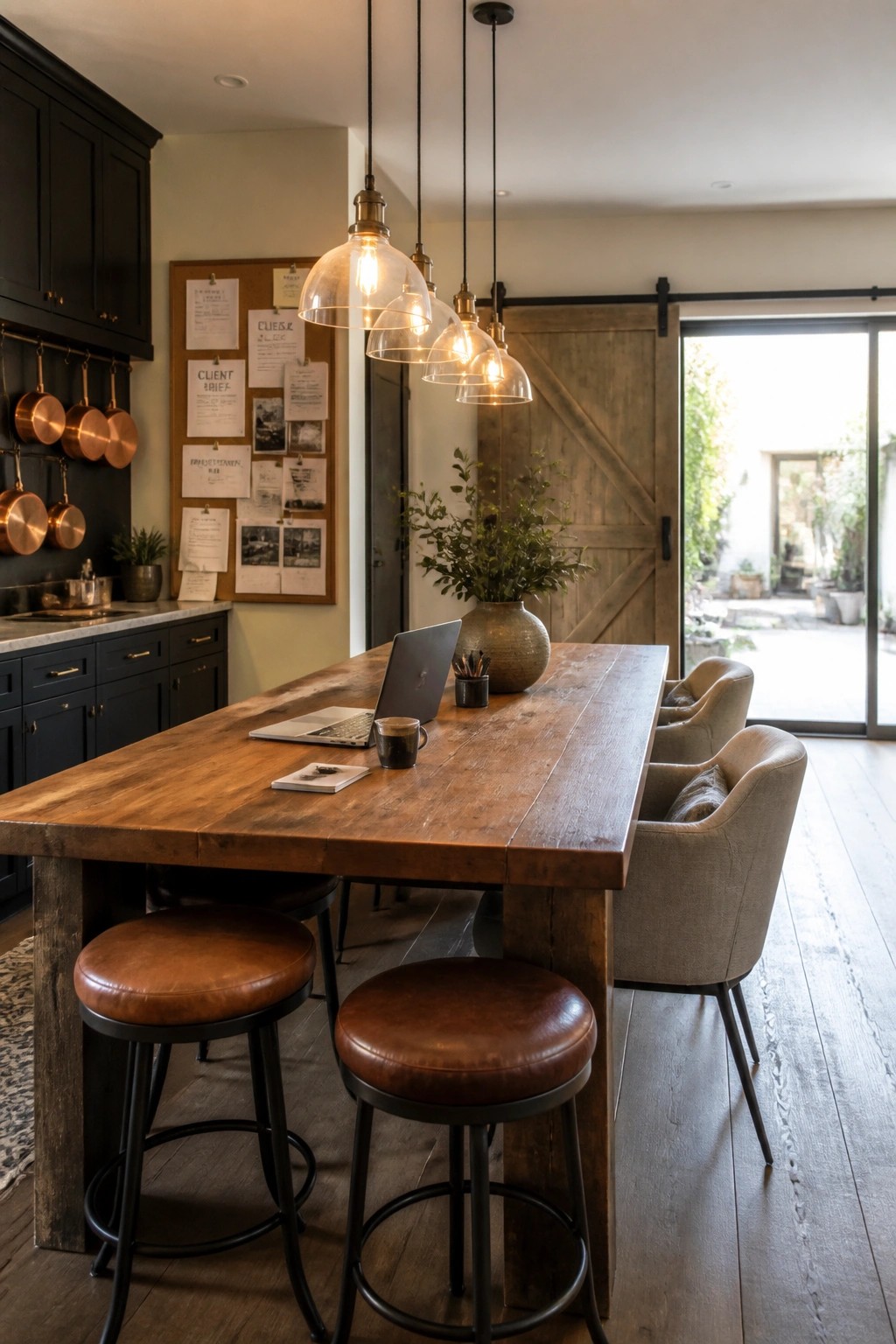 A large rustic wooden table with a laptop and notebook functions as a desk in a home office with mixed seating and pendant lights overhead.