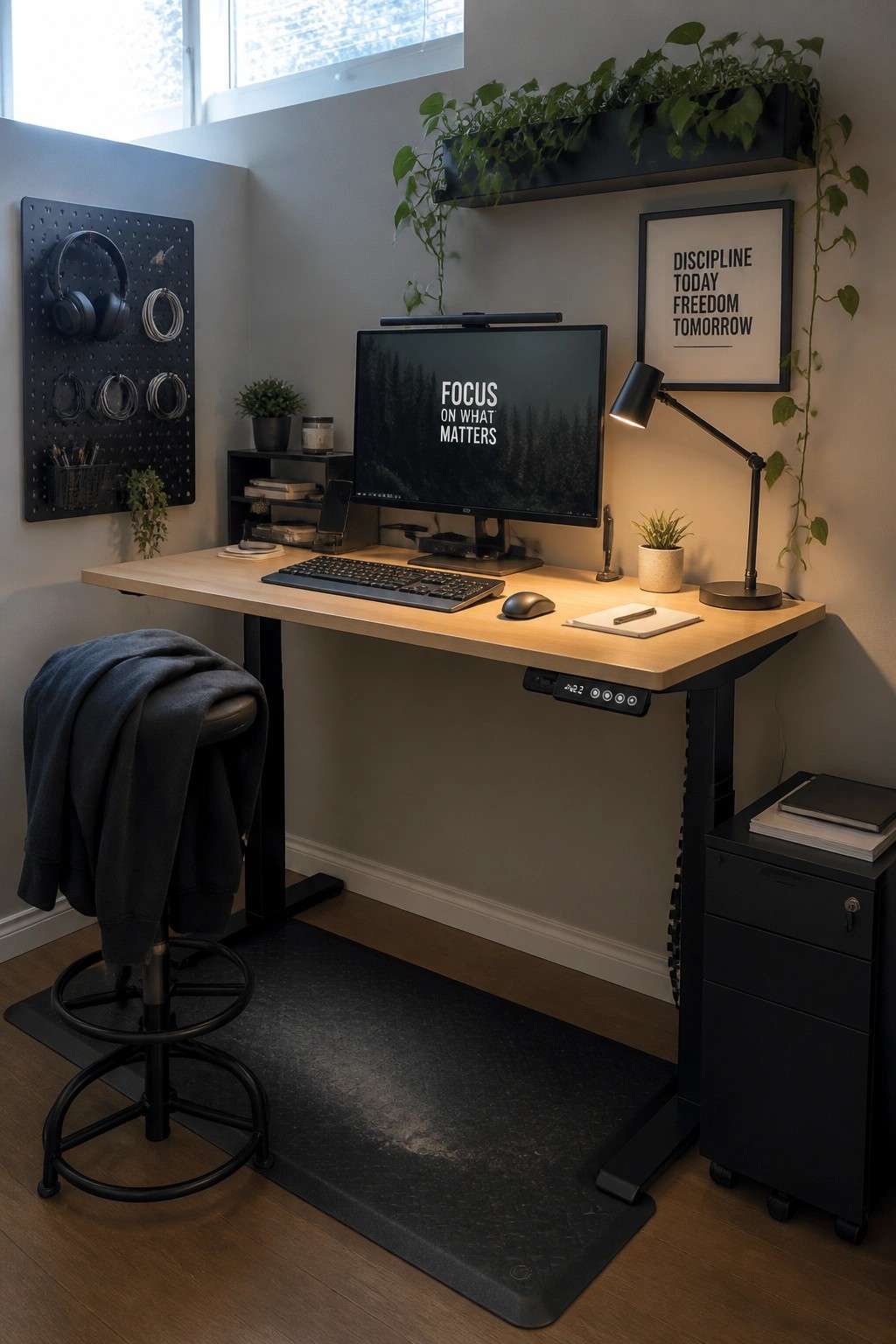 A modern home office featuring a light wood height-adjustable desk with a monitor, keyboard, mouse, and black pegboard on the wall holding headphones and cables.