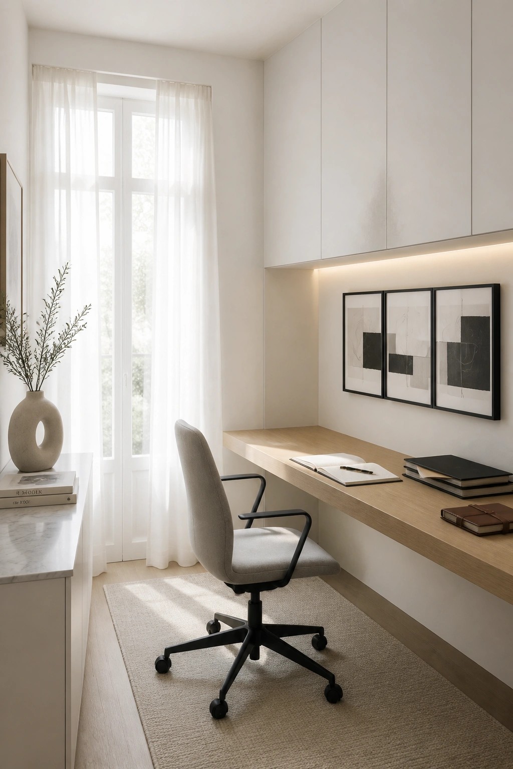 A modern home office featuring a floating wooden desk beneath white wall cabinets, a gray office chair on a beige rug, and three framed abstract prints on the wall.