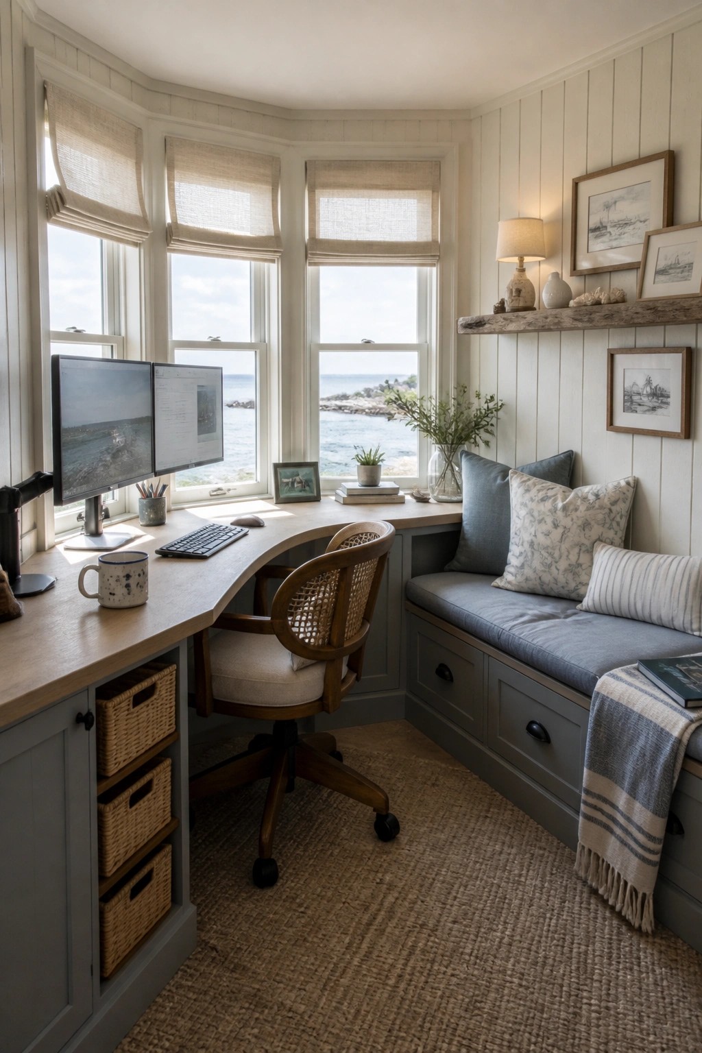 A home office features a curved wooden desk with dual monitors under three windows, a wooden office chair, gray built-in cabinets with baskets, and a cushioned bench with pillows along the right wall.