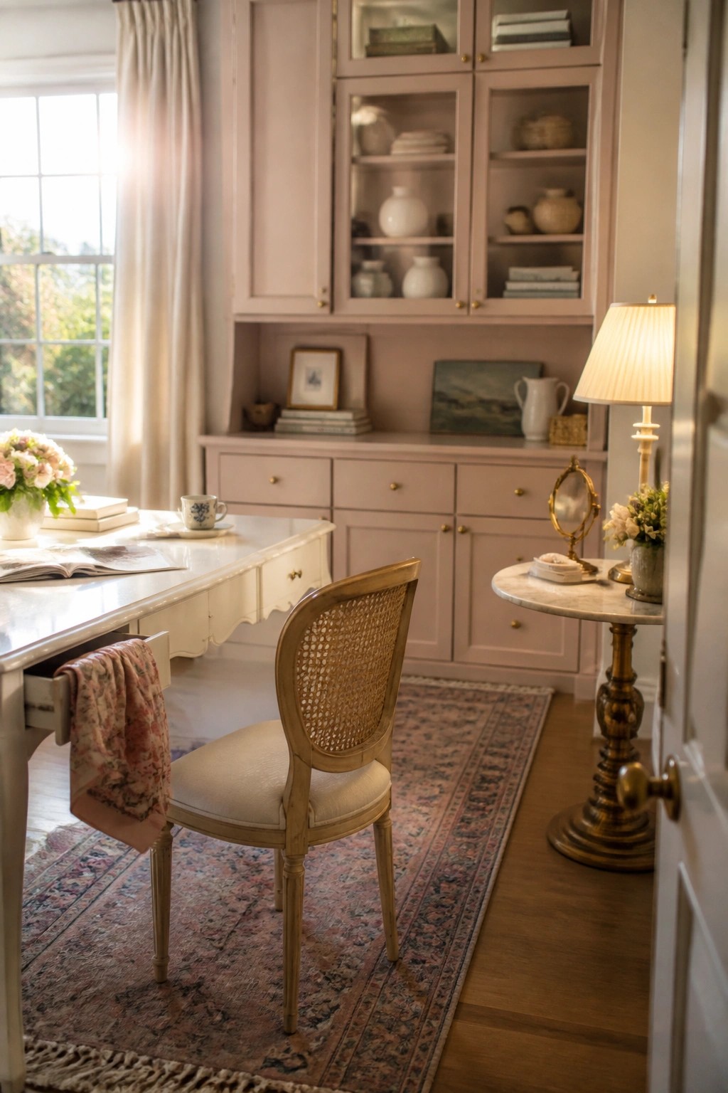A home office features soft pink built-in cabinets above a row of drawers, a white desk with a cane-back chair, and a patterned rug on wood flooring.