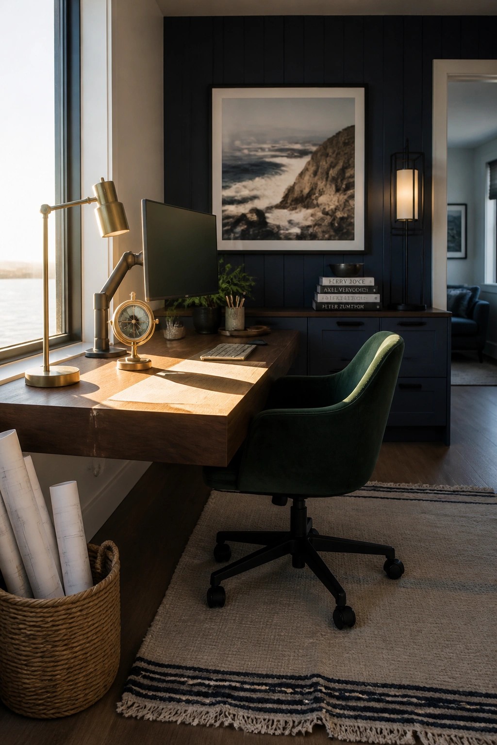 A modern home office features a wooden desk with a computer monitor and brass lamp positioned in front of a dark blue accent wall with a large framed landscape photograph.