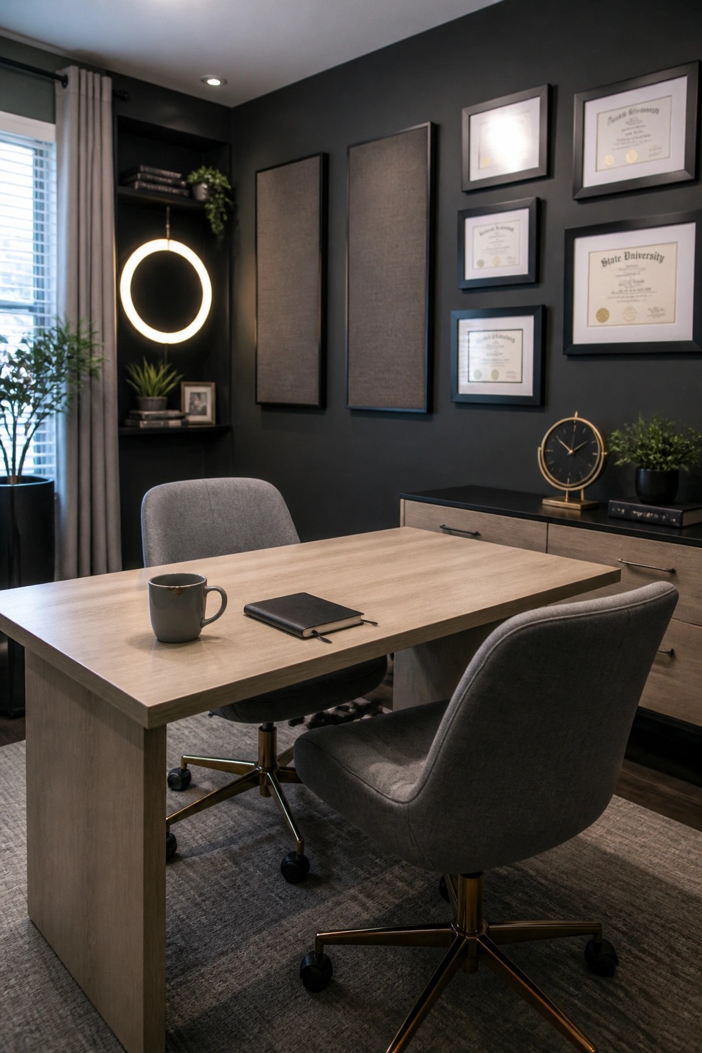 A modern home office featuring a light wood desk with two gray upholstered chairs, set against a dark gray wall with framed certificates, fabric panels, and a wooden credenza.