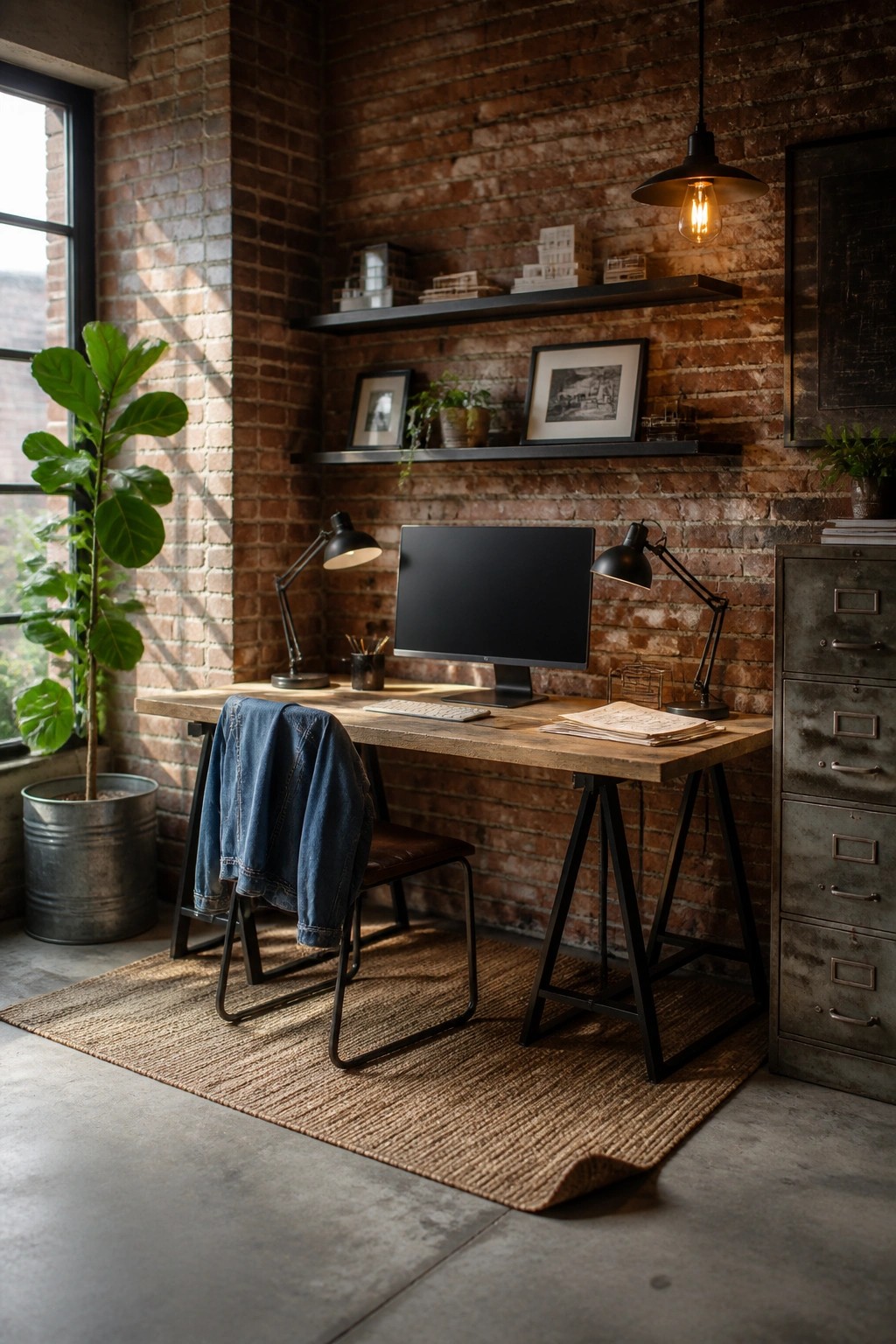 A wooden desk with black metal legs and a computer monitor sits in front of a red brick wall, with two black lamps, floating shelves, and a filing cabinet nearby.