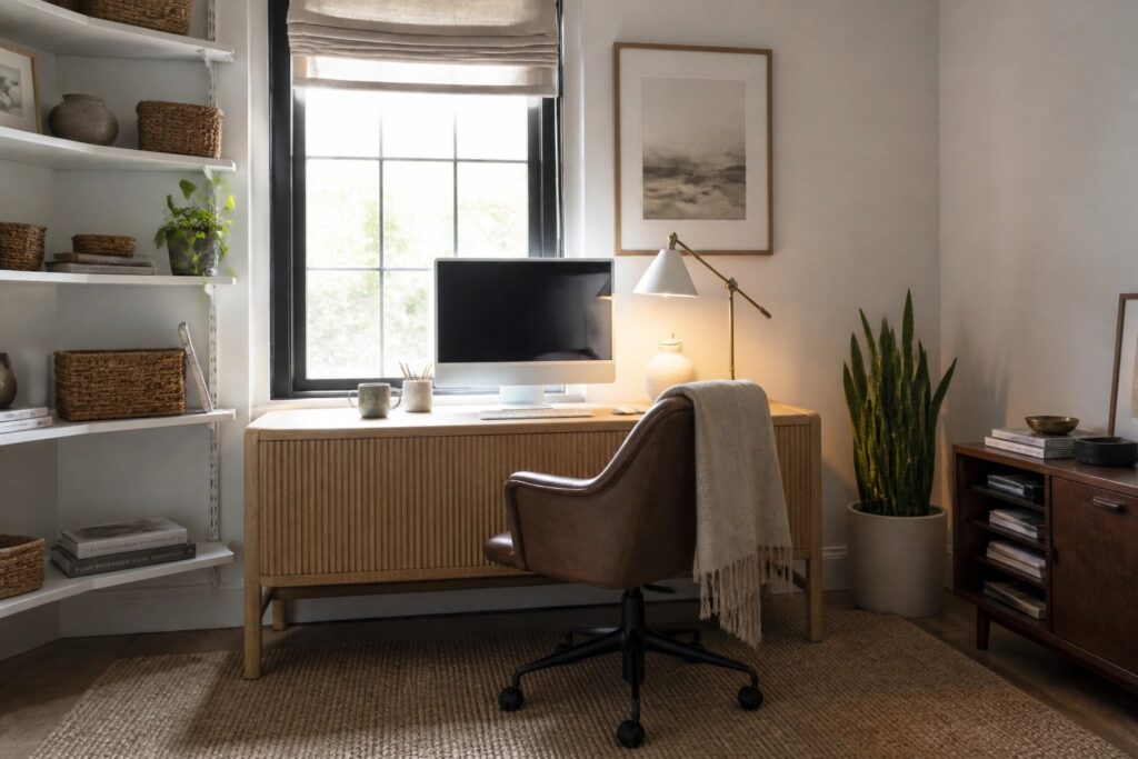 A home office with a light wood desk, brown leather chair, and white floating shelves holding baskets, books, and small plants above the workspace.