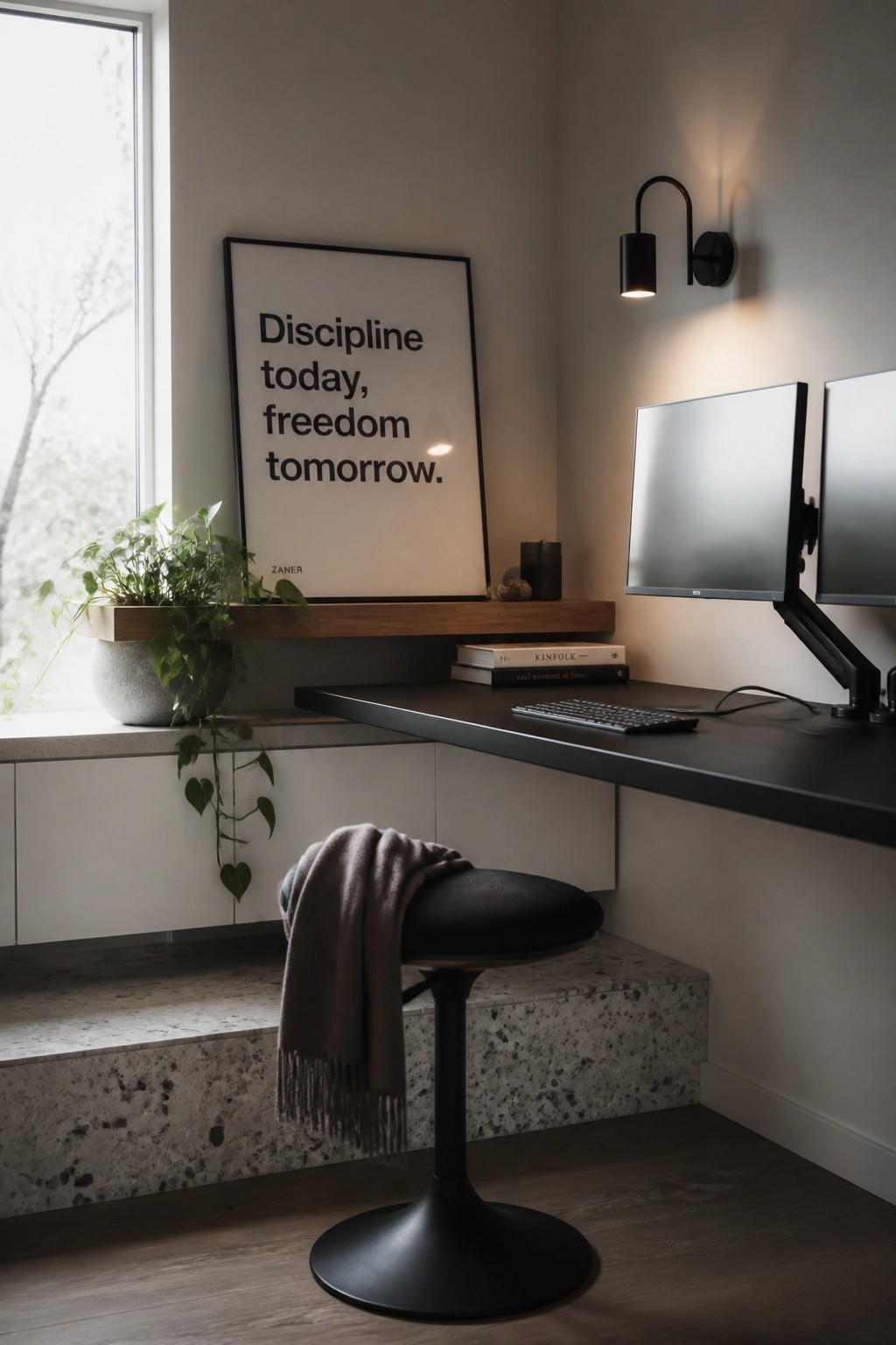 A modern home office featuring a black floating desk with two monitors, a black stool draped with a brown throw, a potted plant on the windowsill, and a framed quote on the wall.