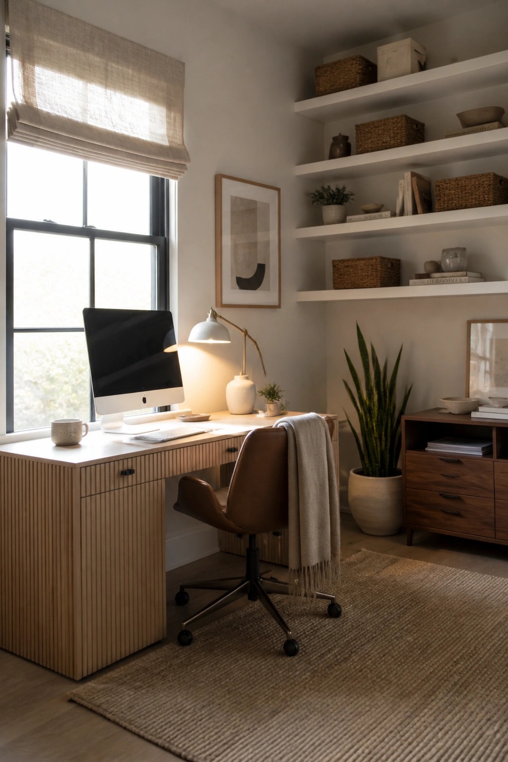 A home office with a light wood desk, brown leather chair, and white floating shelves holding baskets, books, and small plants above the workspace.