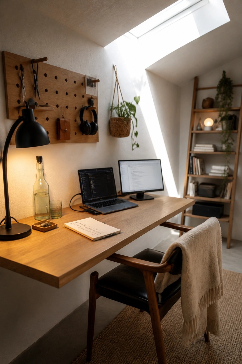 A wooden desk with a laptop, monitor, and black desk lamp sits below a wooden pegboard wall holding headphones and small tools, with a wooden chair in front.
