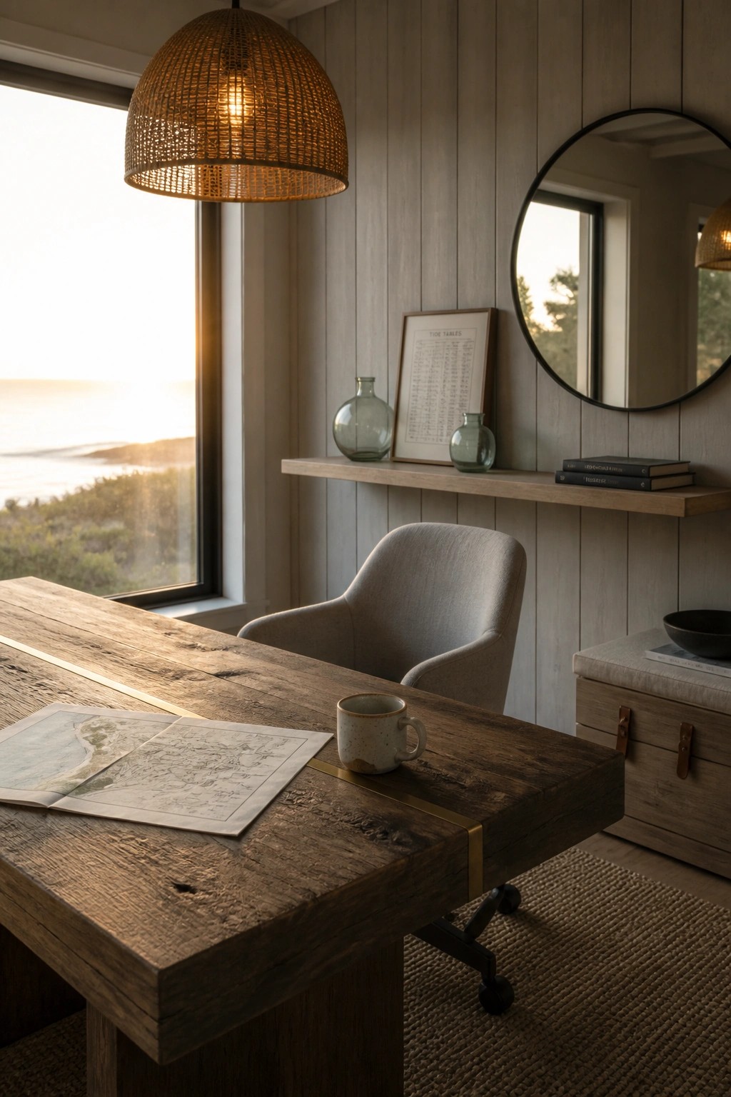 Cozy wooden desk with map and mug overlooking ocean at golden hour
