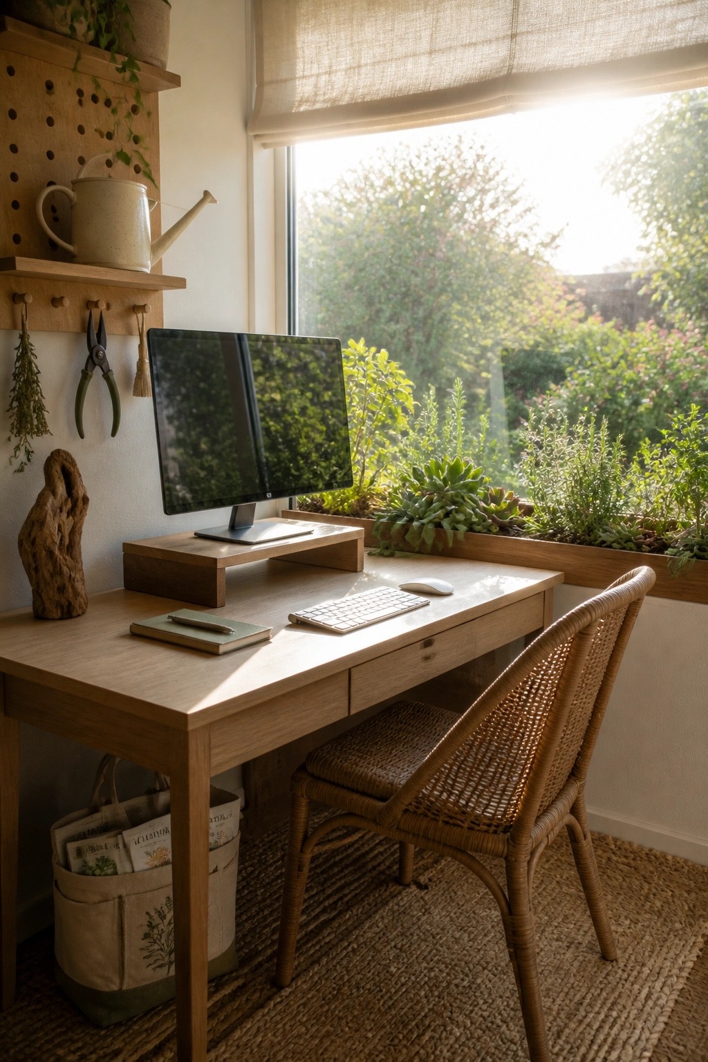 A light wood desk with a computer monitor on a riser, wireless keyboard, mouse, and notebook sits in front of a large window with a built-in planter box of succulents, next to a woven chair on a jute rug.