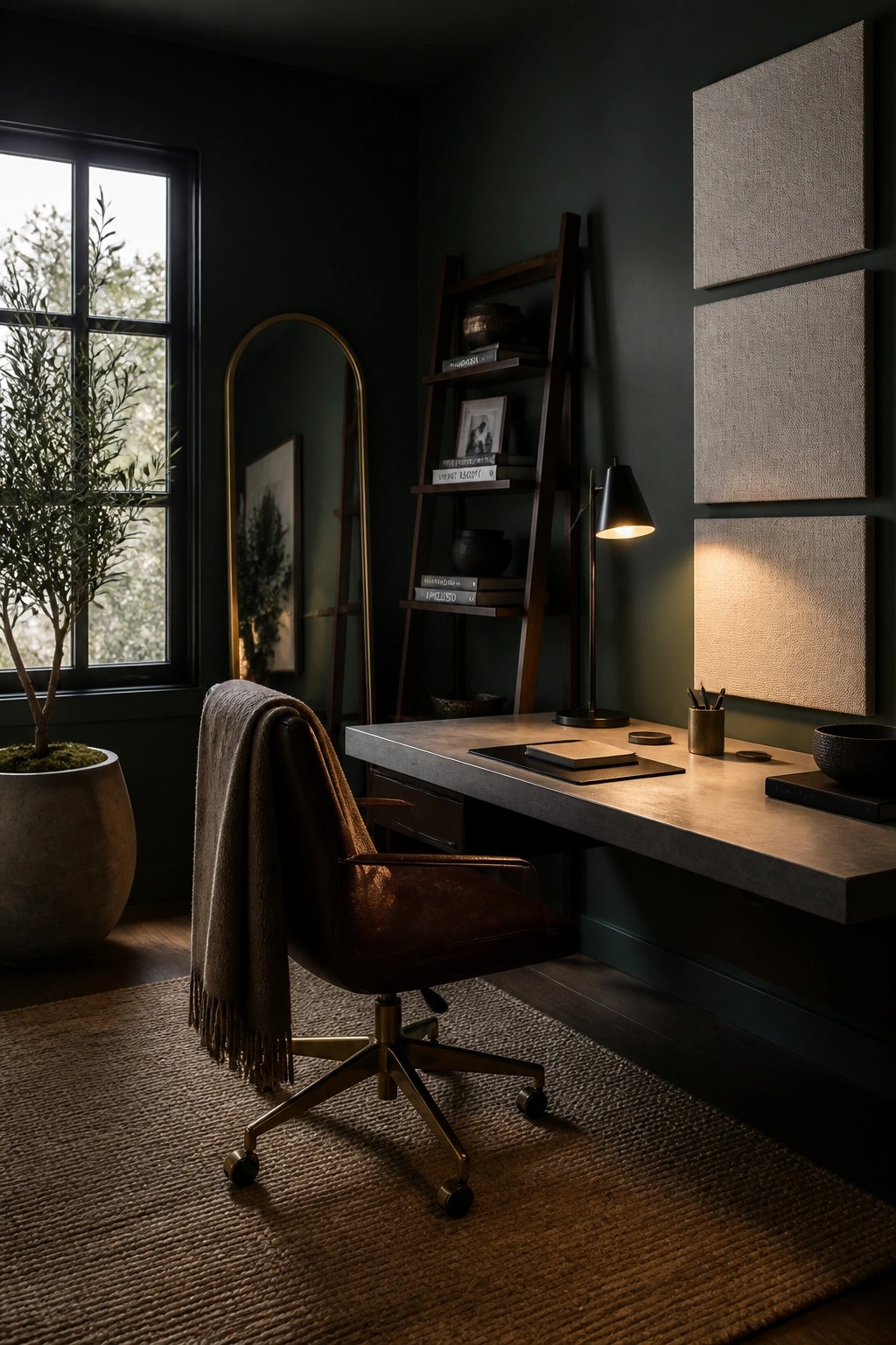 A home office with a concrete desk against a dark green wall featuring three textured panels, a brown leather chair on a woven rug, and a tall wooden ladder shelf nearby.