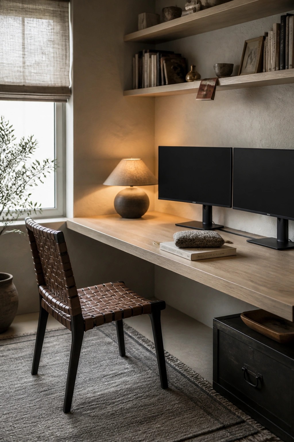 A modern home office with a long wooden floating desk, two black monitors, a woven leather chair, wall-mounted light wood shelves holding books and small objects, and a window with a rolled blind on the left.
