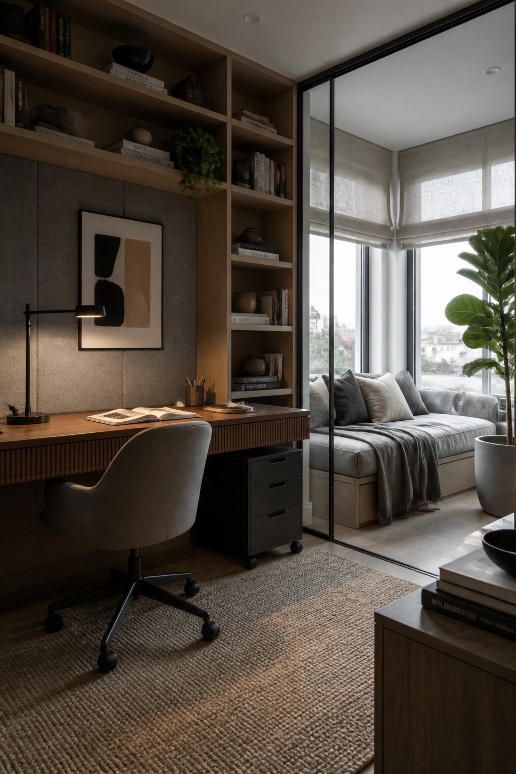A modern home office with a wooden desk, gray swivel chair, built-in light wood bookshelves, a cushioned window seat, and large windows with rolled-up shades.