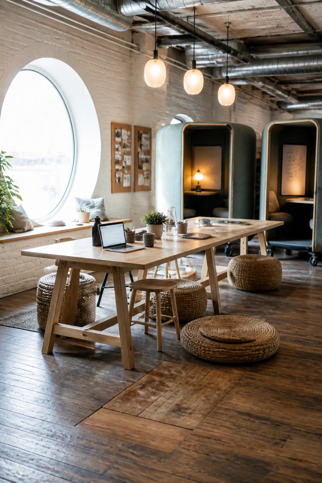 A large wooden table with a laptop, mugs, and woven seating sits in an industrial-style room with green enclosed work pods visible in the background.