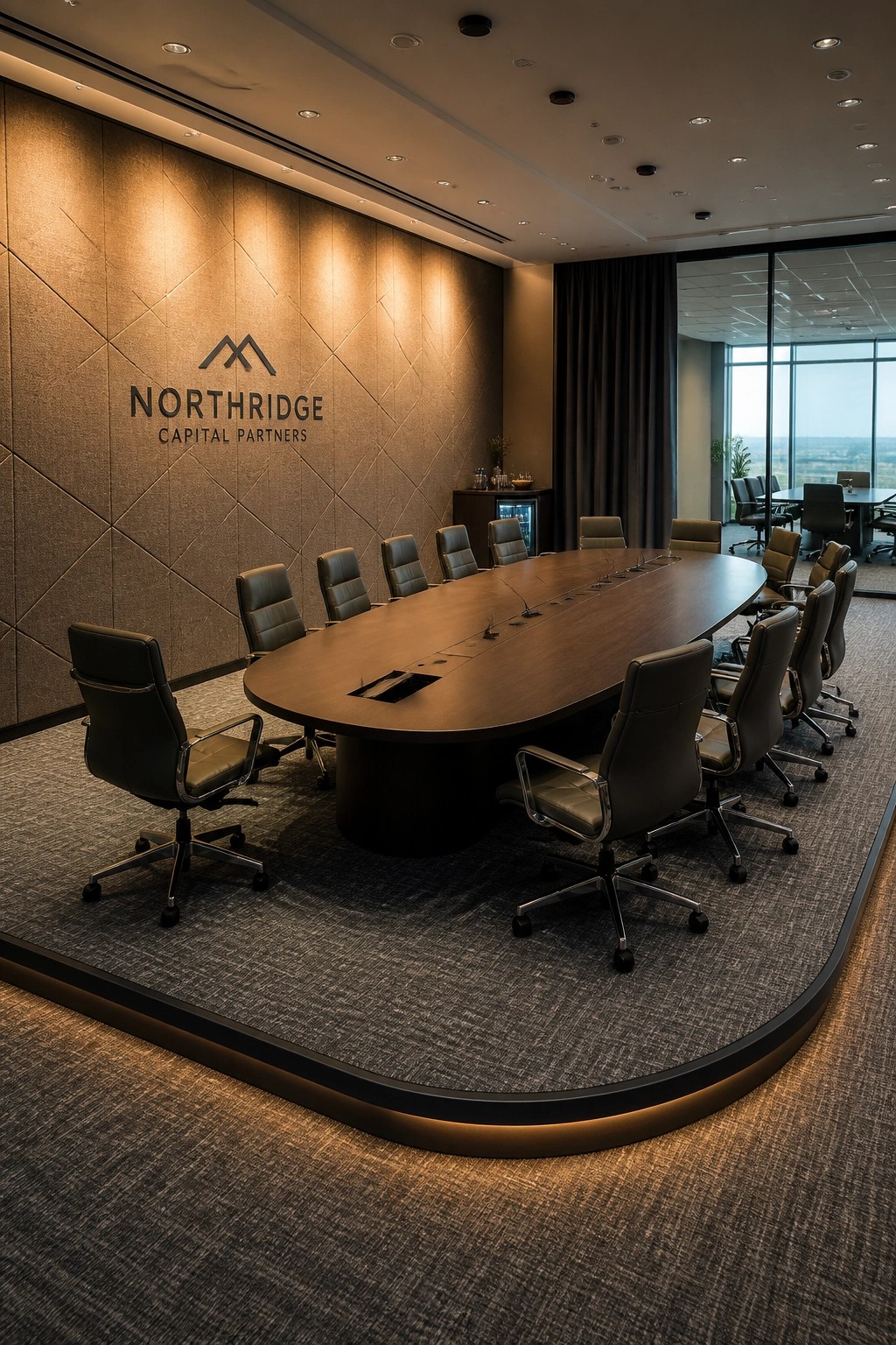 A modern conference room with a large wooden table, black leather chairs, and a textured beige wall displaying the Northridge Capital Partners logo.