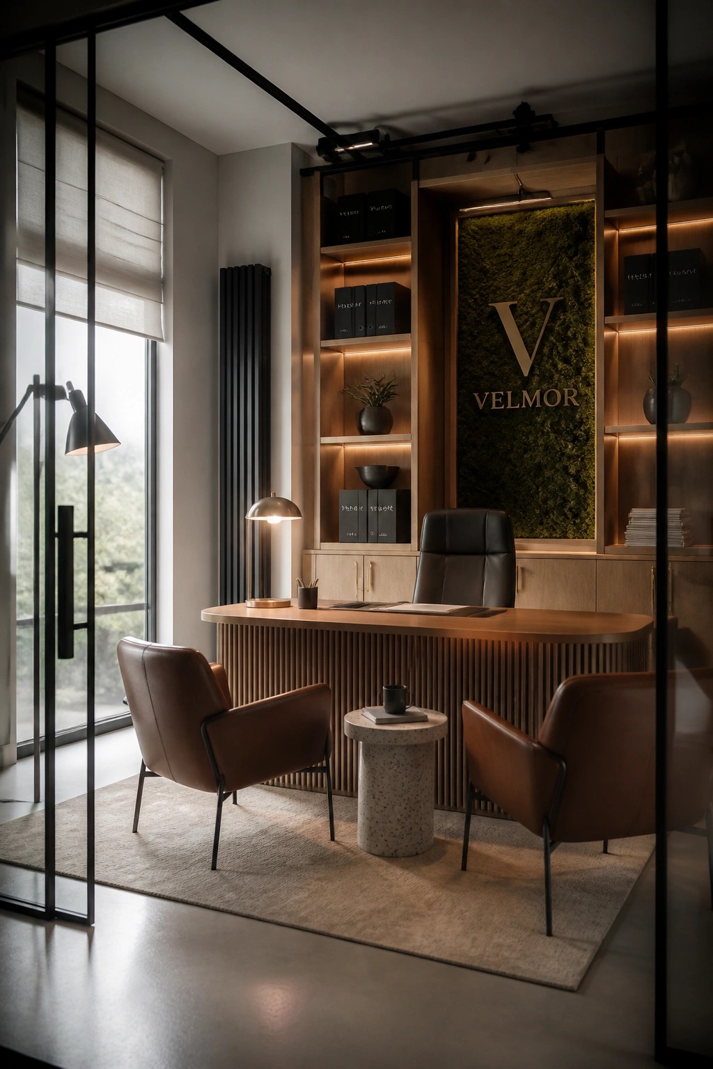 A modern office with a large wooden desk, two brown leather guest chairs, and a green moss wall displaying a large V logo and the word VELMOR above built-in lit shelves.