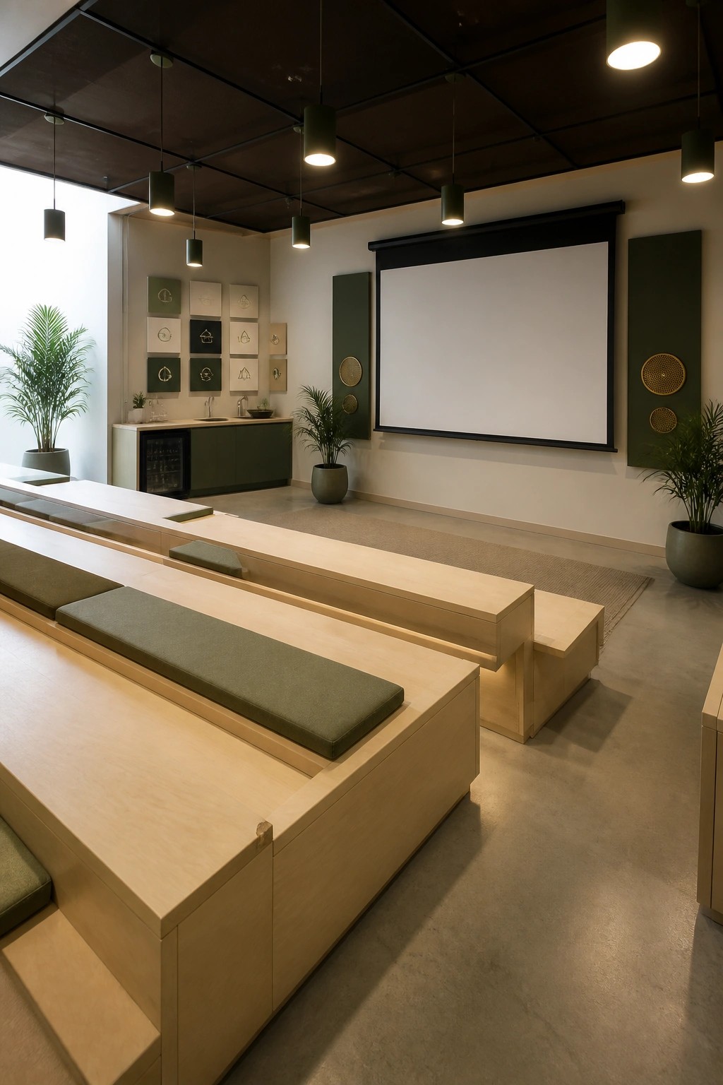 A modern interior space with tiered light wood benches topped with green cushions, a large white projector screen on the wall, and multiple green pendant lights overhead.