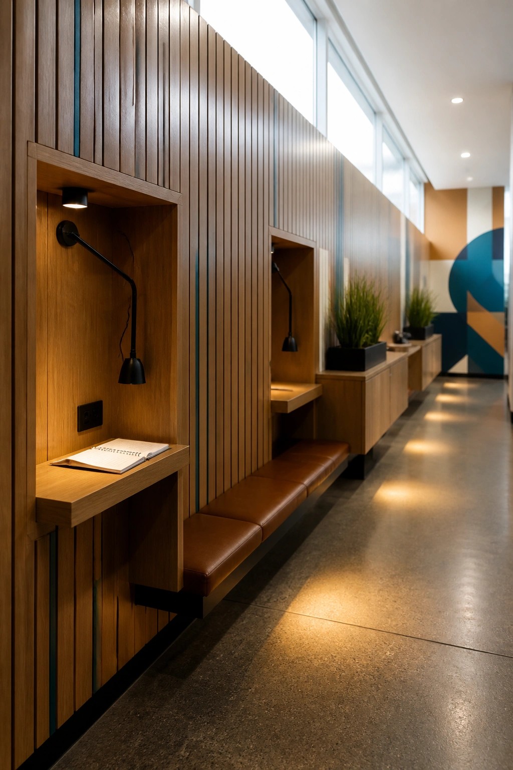 A modern office hallway lined with wooden built-in desks and brown leather benches, each desk fitted with a black adjustable lamp.