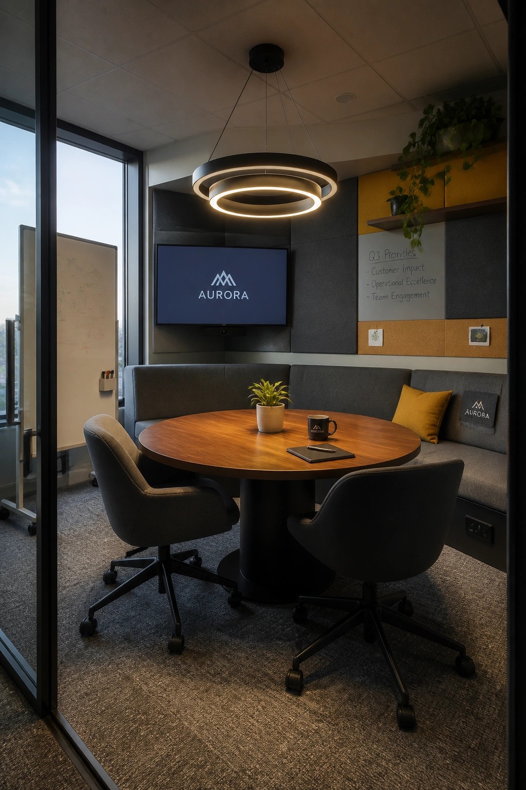 Modern office meeting room featuring a round wooden table with gray upholstered chairs, a large circular pendant light fixture overhead, and a wall-mounted screen displaying the Aurora logo.