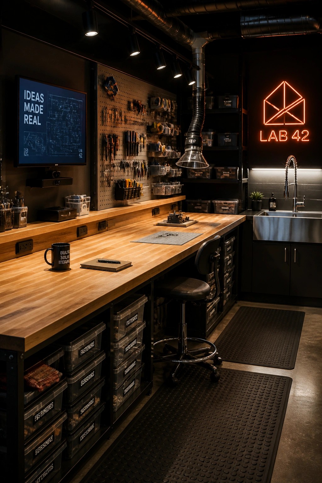 A modern workshop interior with a long wooden workbench, black storage bins labeled for parts, a pegboard wall of tools, a black stool, a screen, and a red neon sign reading Lab 42.