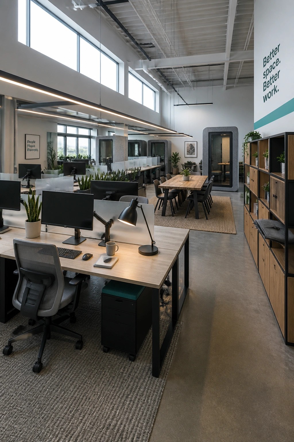Modern open office interior with individual desks in the foreground, a long wooden meeting table in the midground, potted plants, and wall text reading