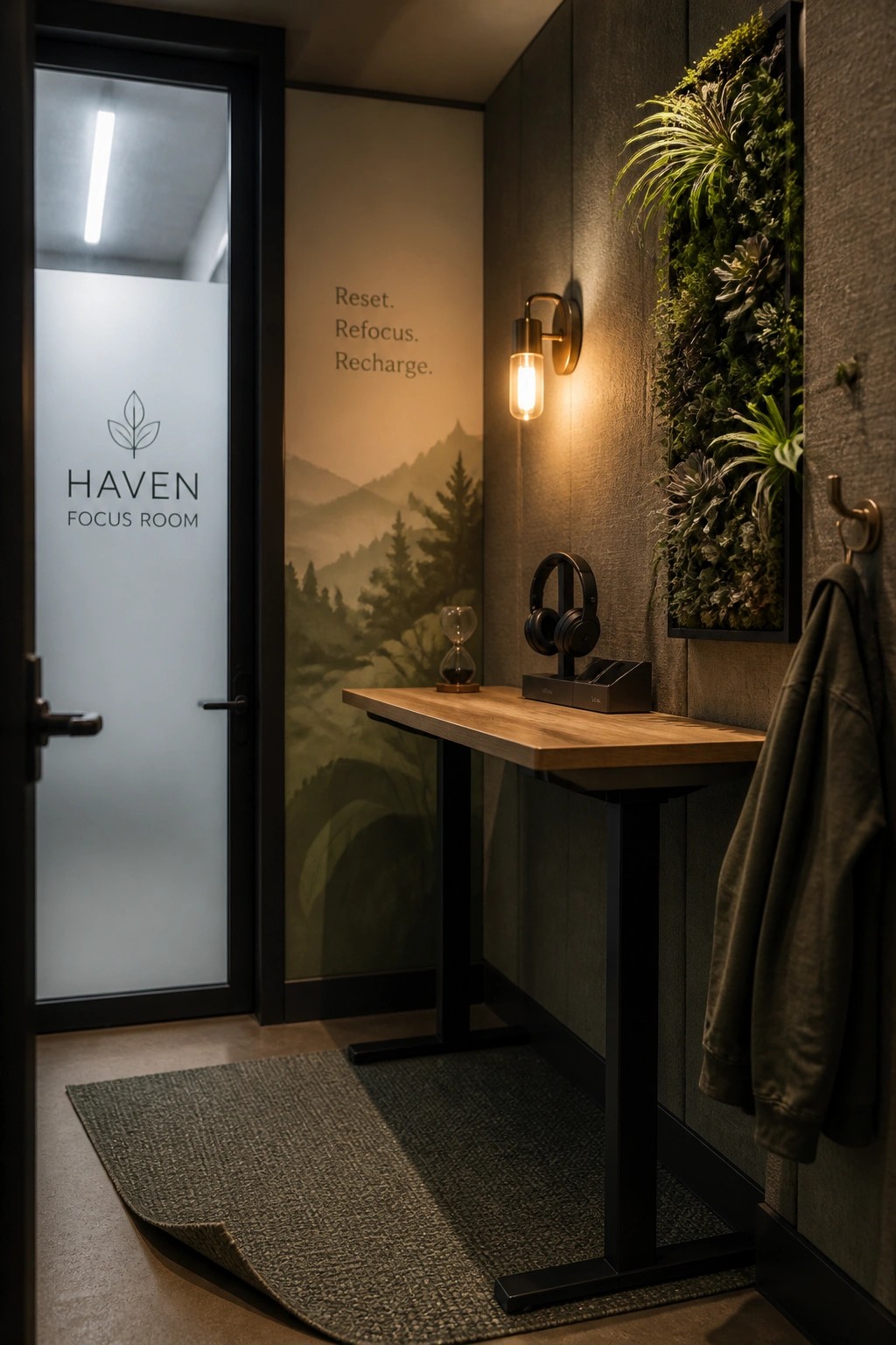 A compact office focus room featuring a wooden desk with headphones, a wall-mounted living plant panel, warm wall sconce lighting, and a frosted glass door labeled Haven Focus Room.