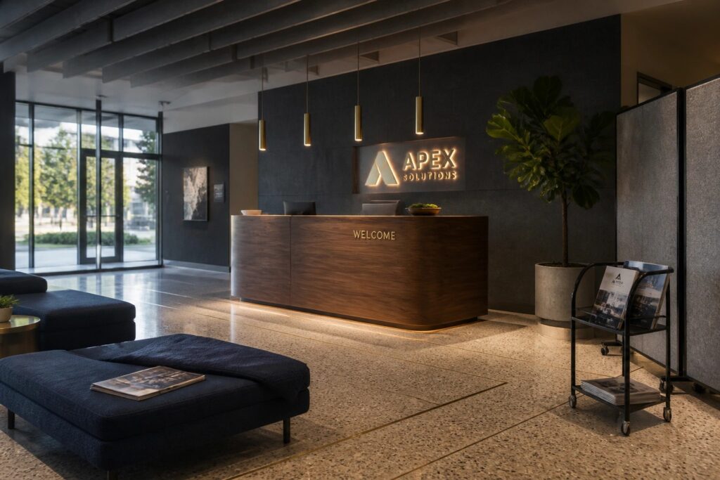 25 Modern Corporate Office Ideas Focused on Lighting, Branding, and Flexible Rooms A modern office reception area with a dark gray accent wall displaying an illuminated logo and company name, three cylindrical pendant lights hanging above a wooden desk.