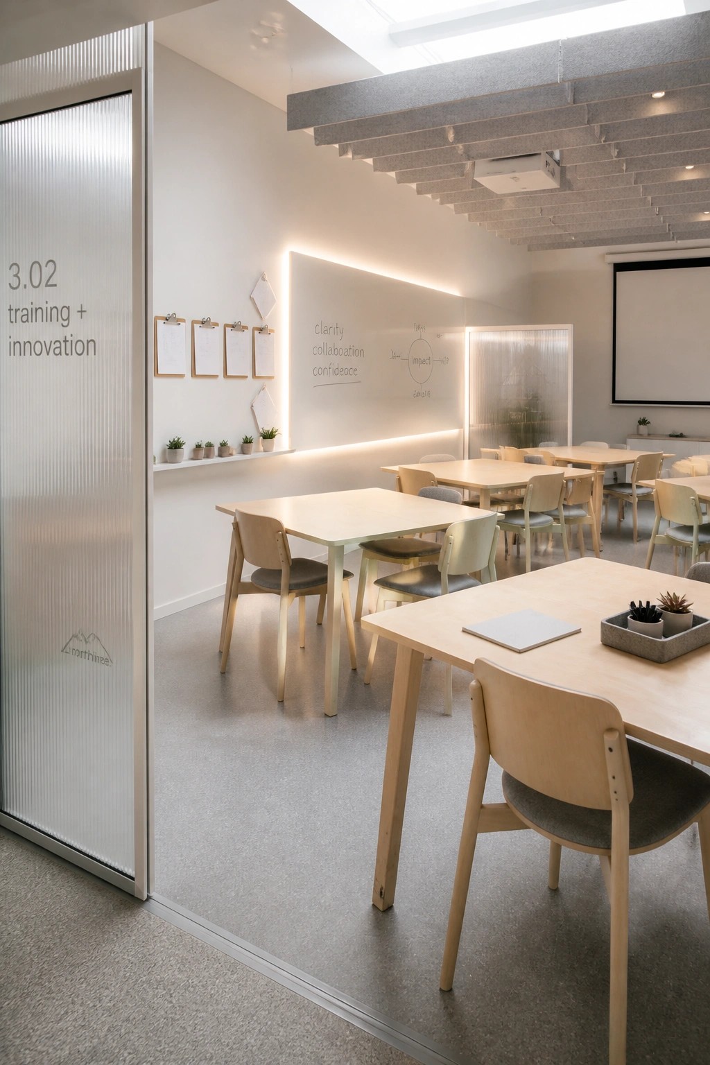 A bright modern training room with several light wood tables and chairs arranged flexibly, a whiteboard with handwritten words on the wall, and a glass door labeled 3.02 training + innovation.