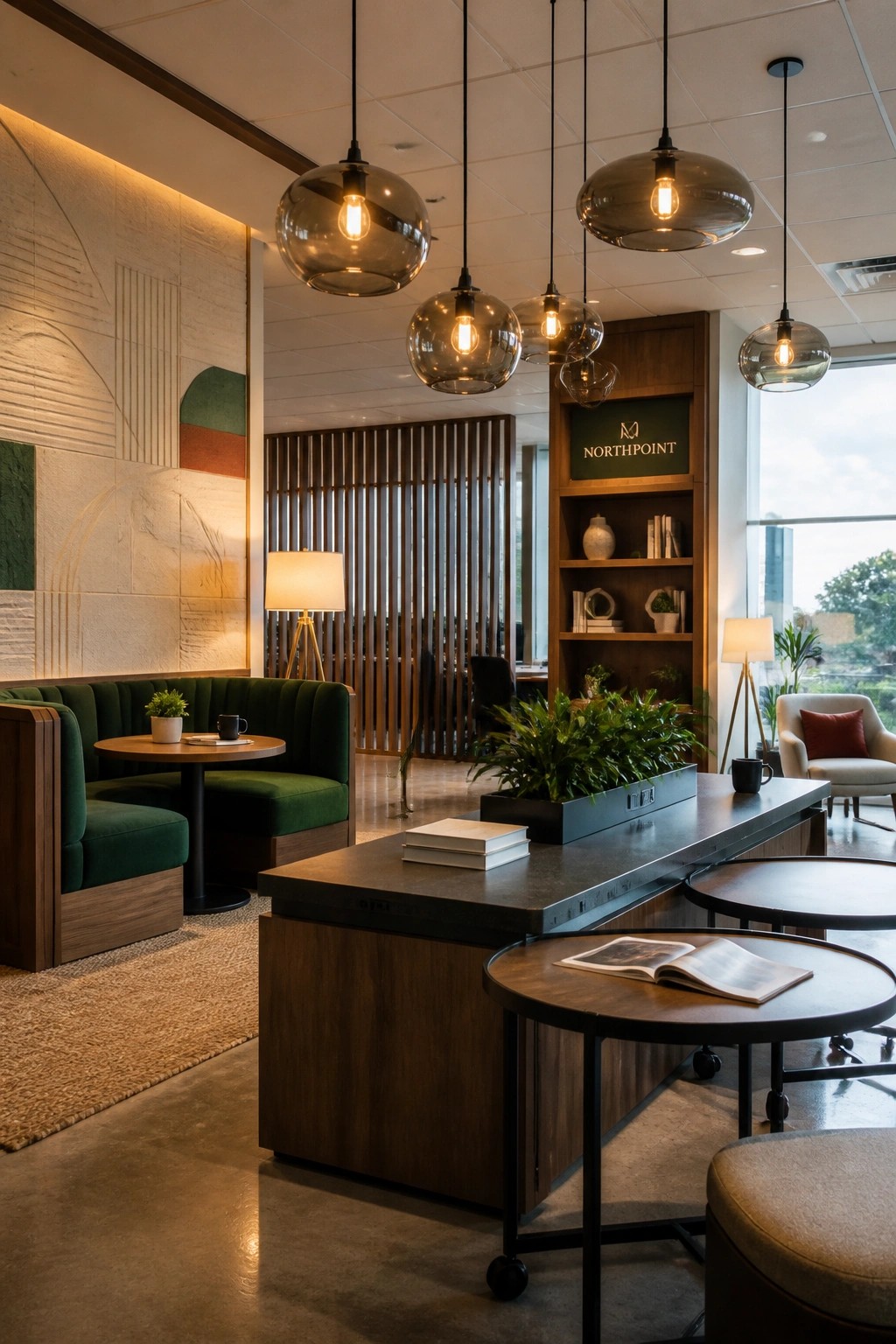 Modern office lounge with multiple glass pendant lights hanging over a long wooden table, green upholstered seating, and a wooden built-in shelf with branding.